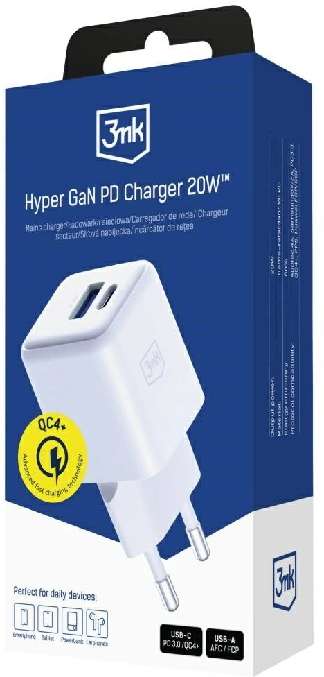 3Mk Protection 3mk Hyper GaN įkroviklis 20W QC4+ PD PPS USB-C USB-A sieninis įkroviklis - Baltas