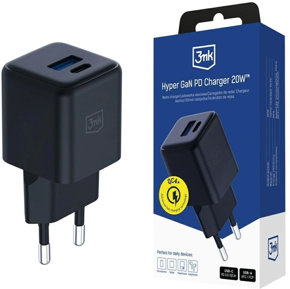 3Mk Protection 3mk Hyper GaN įkroviklis 20W QC4+ PD PPS USB-C USB-A sieninis įkroviklis - Juodas