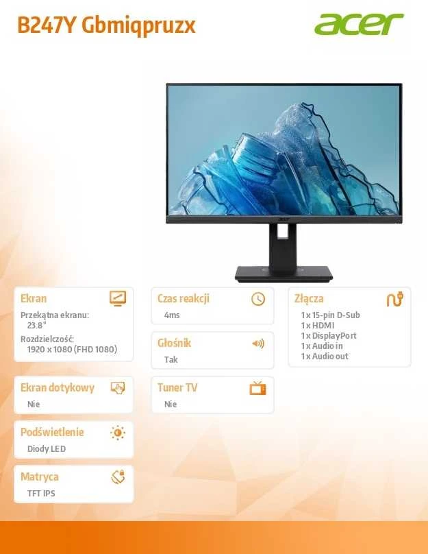 Monitorius Acer Vero B247YGbmiprzx - 23.8" | IPS | Full HD | 75 Hz