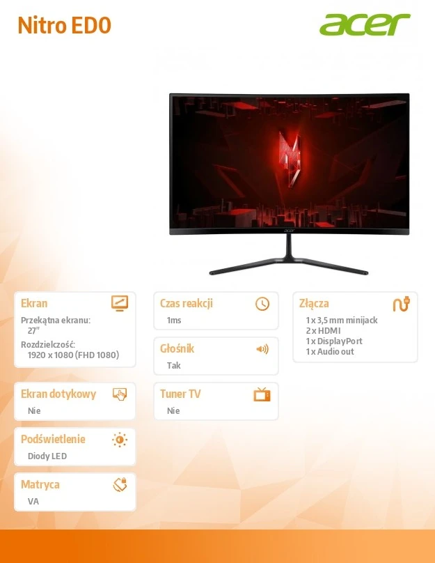 Monitorius Acer ED270W0bmiipx - 240Hz | Full HD | VA | 27"