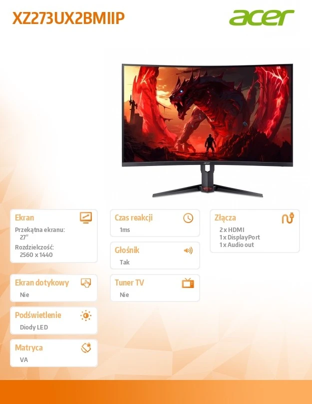 Monitorius Acer Nitro XZ273UX2bmiiprx - 27 colių | VA | QHD | 1 ms | 240 Hz