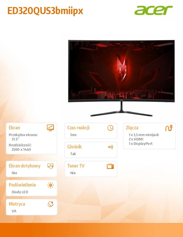 Monitorius Acer ED320QUS3BMIIPX - 180Hz | QHD | VA | 31.5''