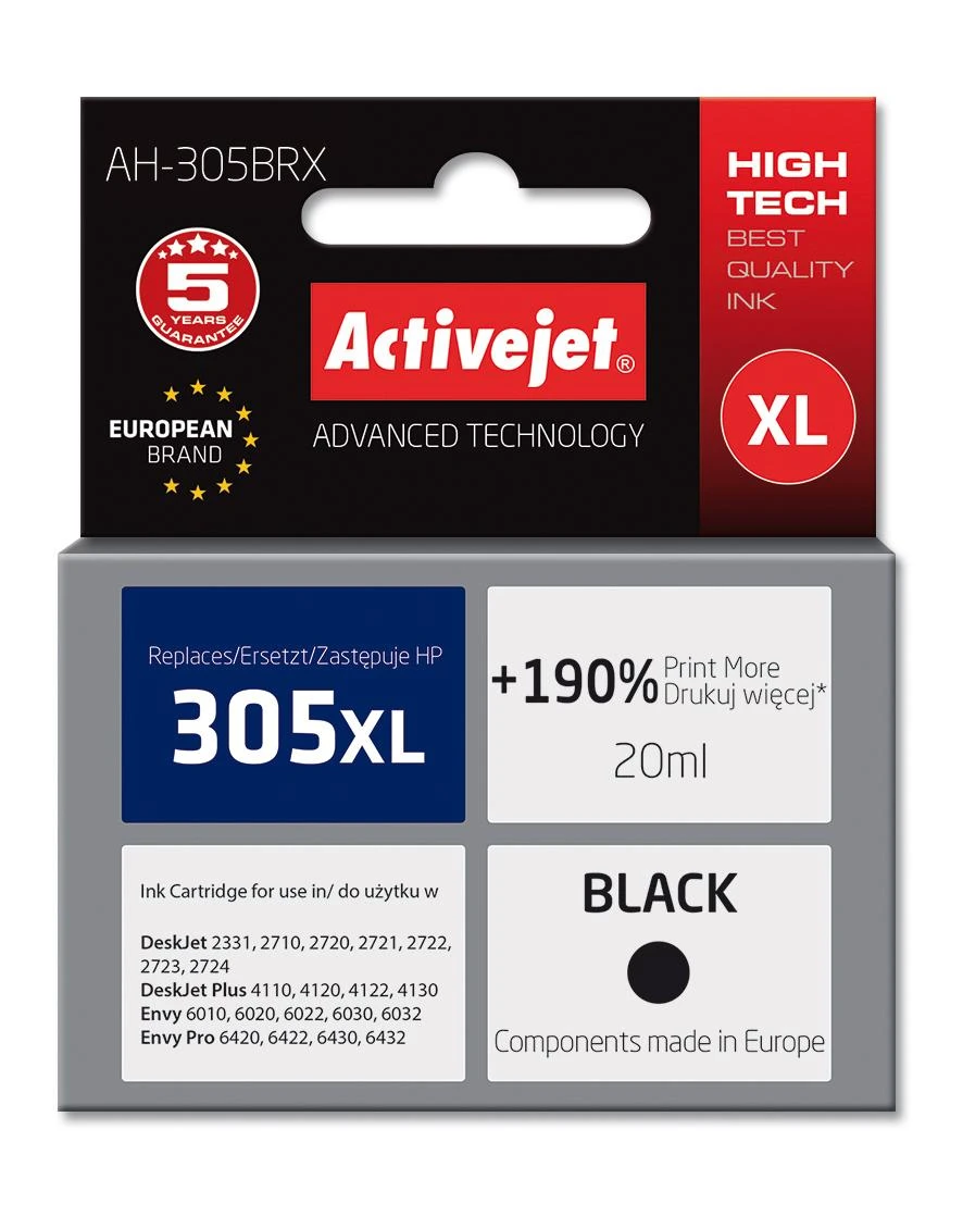 Activejet AH-305BRX rašalas (pakaitinis skirtas HP 305 XL 3YM62AE; Premium; 20 ml; juodas)