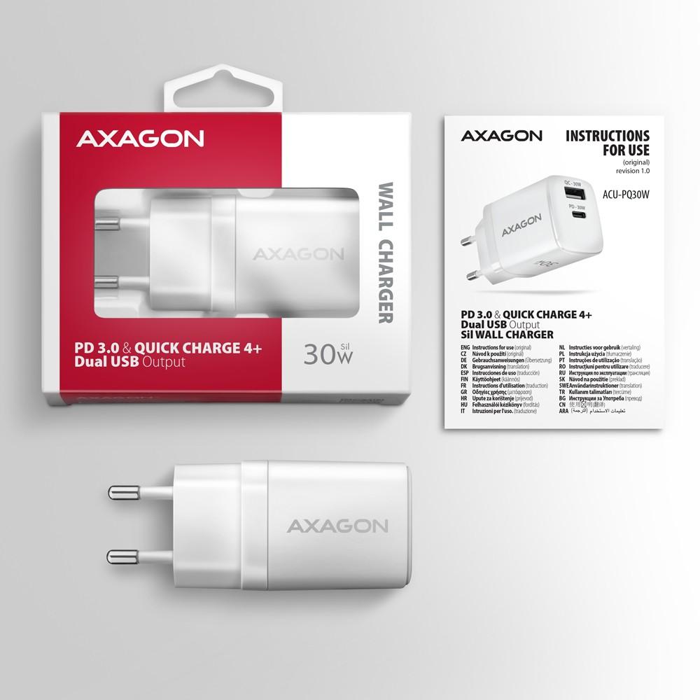 Axagon Sil sieninis įkroviklis 2x prievadas (USB-A + USB-C), PD3.0/QC4+/PPS/AFC/Apple. 30W bendra galia.