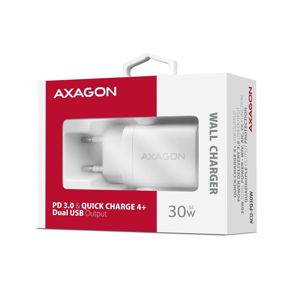 Axagon Sil sieninis įkroviklis 2x prievadas (USB-A + USB-C), PD3.0/QC4+/PPS/AFC/Apple. 30W bendra galia.