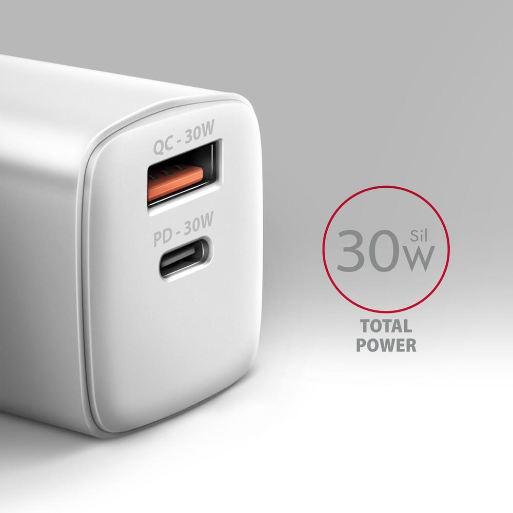 Axagon Sil sieninis įkroviklis 2x prievadas (USB-A + USB-C), PD3.0/QC4+/PPS/AFC/Apple. 30W bendra galia.