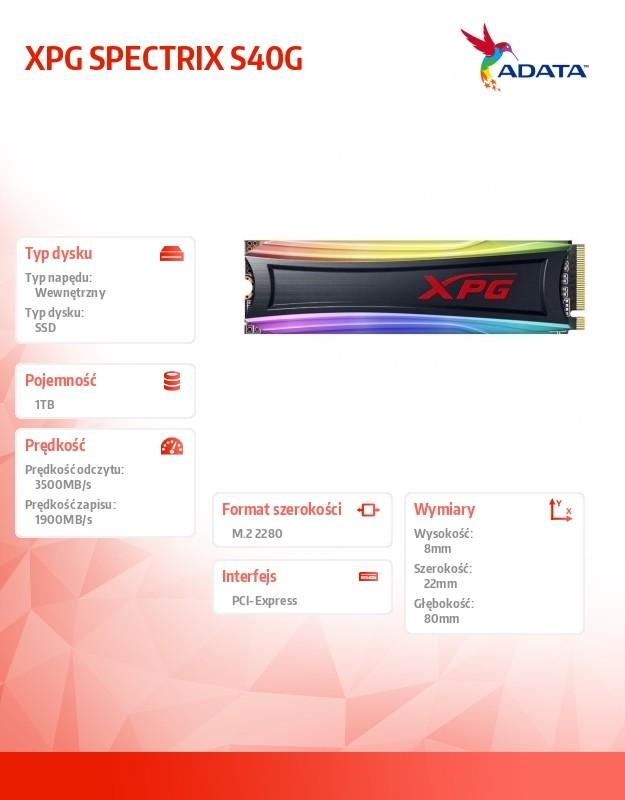 XPG (ADATA) ADATA | Spectrix S40G RGB | 1000 GB | SSD sąsaja M.2 NVME | Skaitymo greitis 3500 MB/s | Rašymo greitis 3000 MB/s