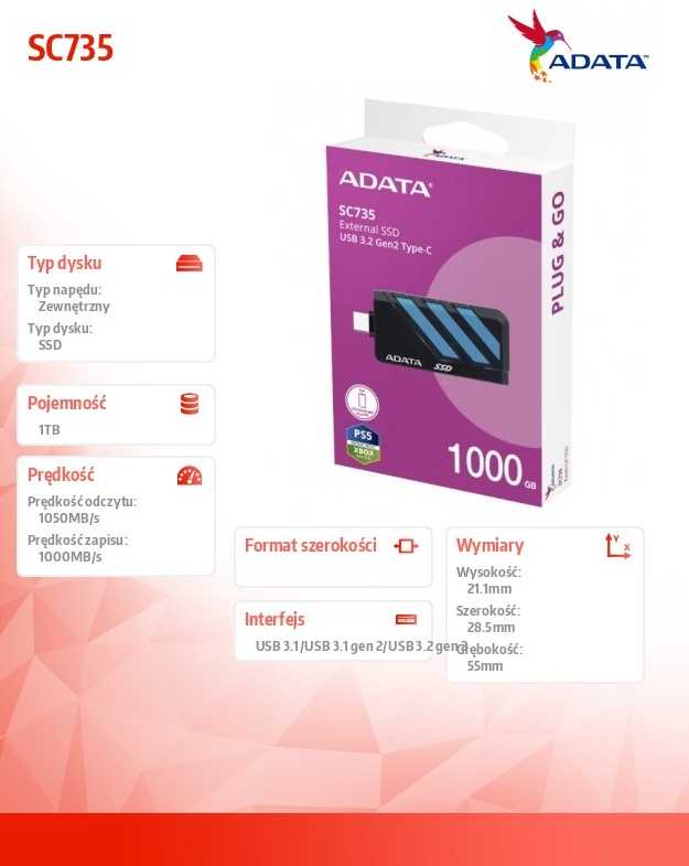 Kietasis diskas Adata SC735 1TB SSD Juodai-Mėlyna