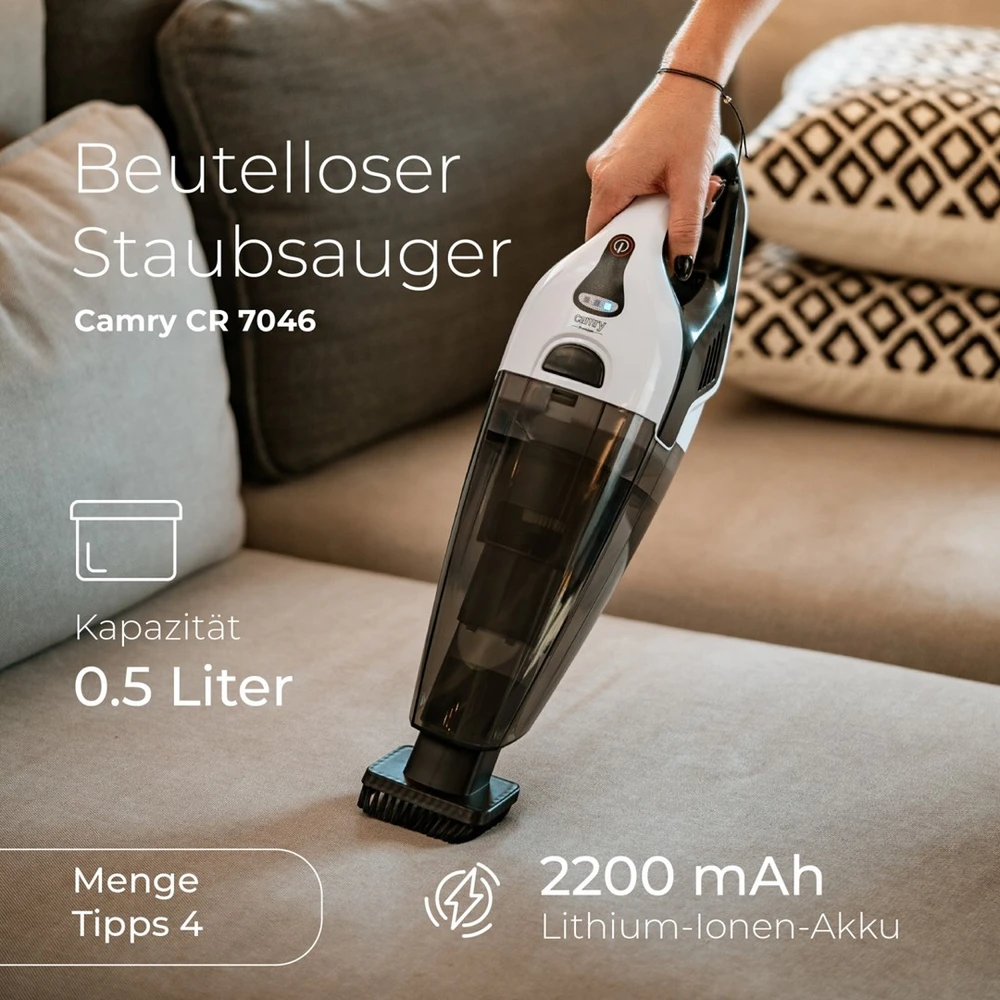 Adler Camry | Dulkių siurblys | CR 7046 | Belaidis veikimas | Be maišelio | 200 W | Veikimo laikas (maks.) 20 min | Garantija 24 mėn.