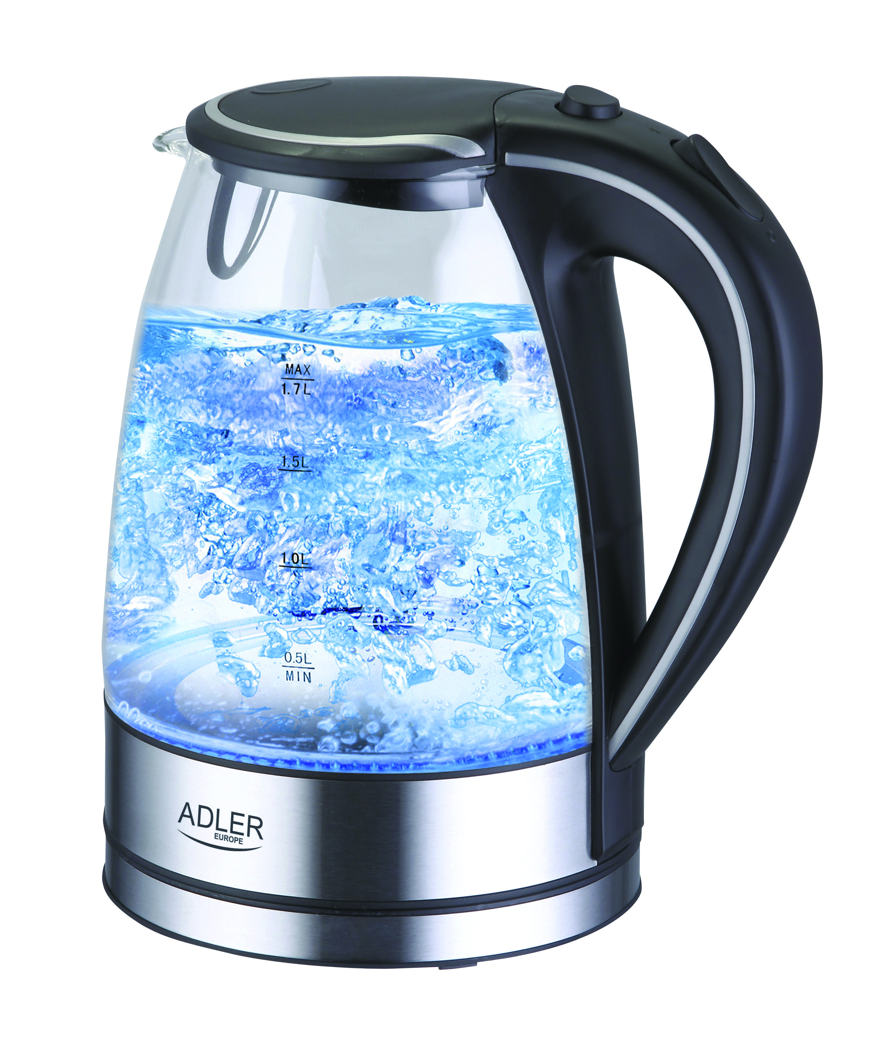 Adler | Virdulys | AD 1225 | Standard | 2000 W | 1.7 L | Glass | 360° rotational base | Nerūdijantis plienas/Transparent