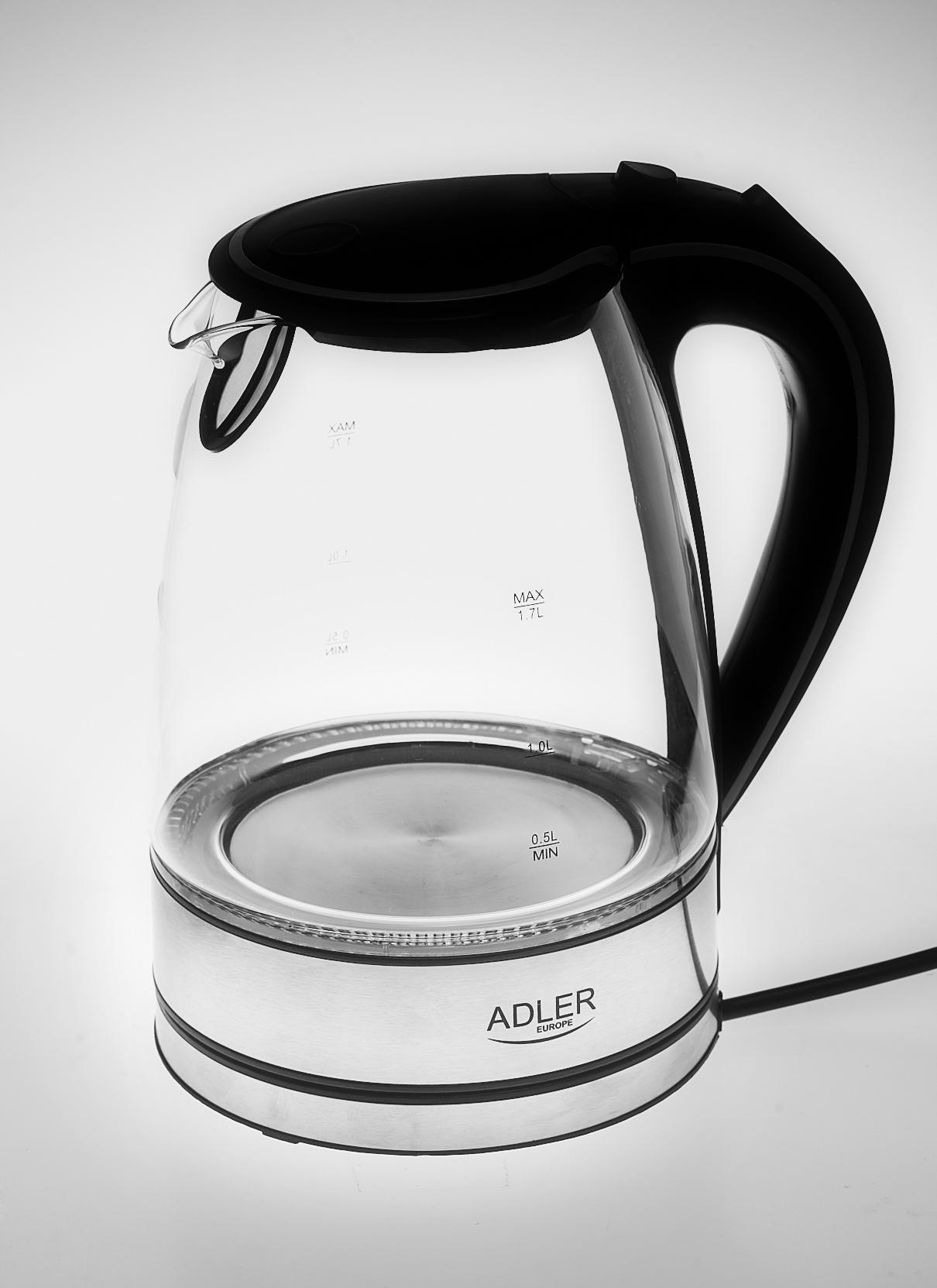Adler | Virdulys | AD 1225 | Standard | 2000 W | 1.7 L | Glass | 360° rotational base | Nerūdijantis plienas/Transparent
