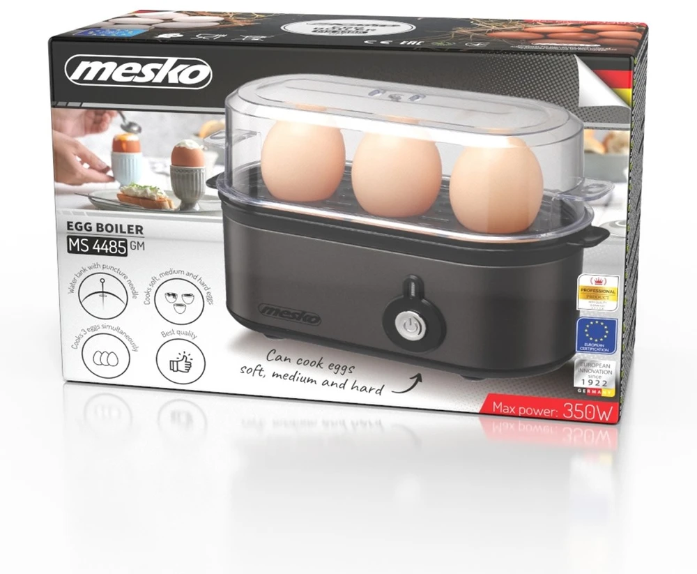 Adler Mesko MS 4485 GM Kiaušinių virimo aparatas 3 kiaušiniams | automatinis | metalinis korpusas