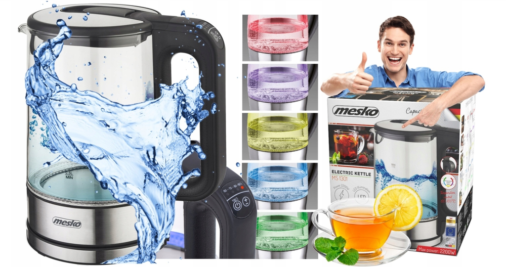 Mesko | Virdulys | MS 1301b | Electric | 1850 W | 1.7 L | Glass | 360° rotational base | Juodas