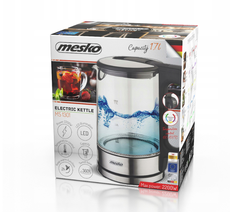 Mesko | Virdulys | MS 1301b | Electric | 1850 W | 1.7 L | Glass | 360° rotational base | Juodas