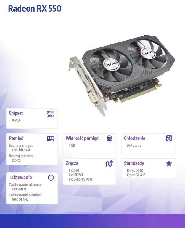 Vaizdo plokštė Afox radeon rx 550 4gb gddr5 128 bitų dvi hdmi dp atx