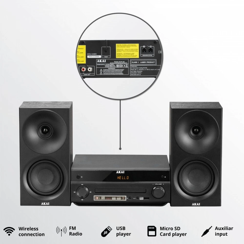 AKAI AM-301B sistema 40W (2x20W) CD MP3 BT USB FM 40 išankstinių stočių AUX RCA, juodas