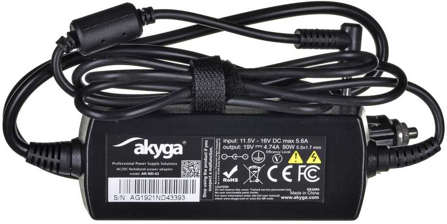 Automobilinis nešiojamojo kompiuterio pakrovėjas Akyga AK-ND-43 (19V / 4.74A 90W 5.5 x 1.7mm) ACER 1.2m