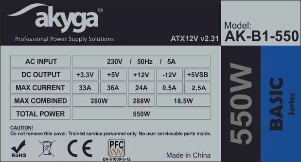 Akyga basic ak-b1-550 maitinimo šaltinis (550 W; pasyvus; 120 mm)
