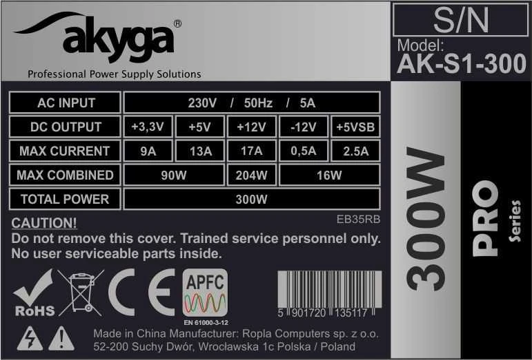 Maitinimo šaltinis Akyga PRO AK-S1-300 (300 W, pasyvus, 80 mm)