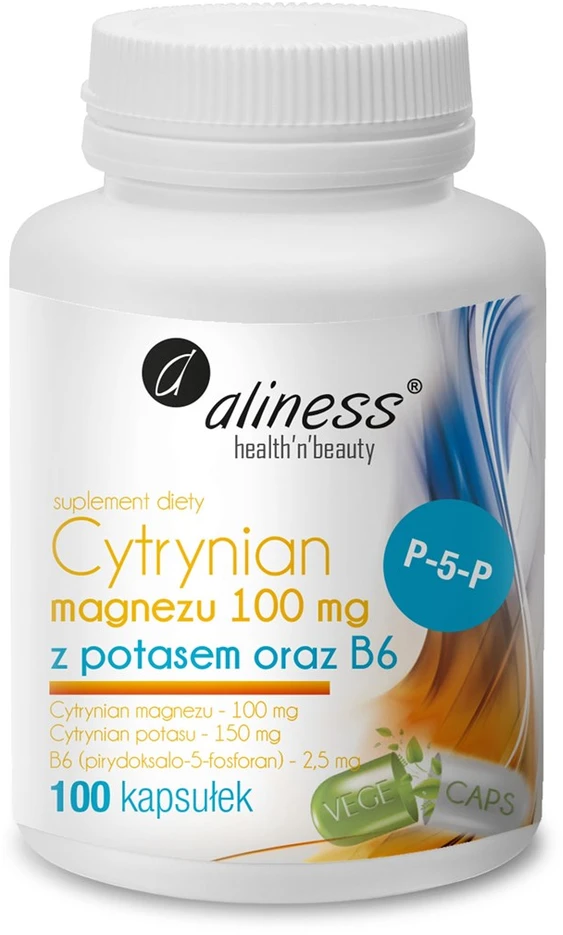 Aliness Magnio citratas 100 mg su kaliu ir vitaminu B6 maisto papildas 100 kapsulių