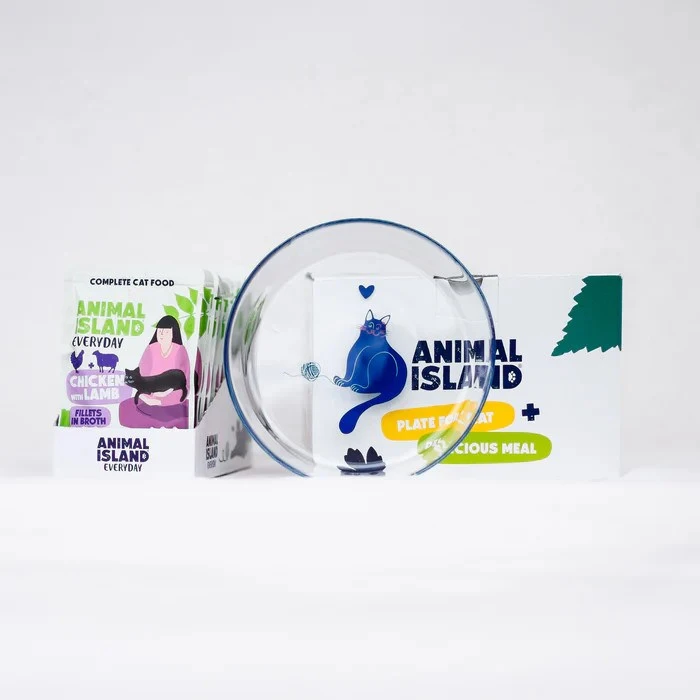 ANIMAL ISLAND Everyday vištiena su ėriena in broth Box – šlapias kačių maistas – 12x85g + lėkštutė dovanų