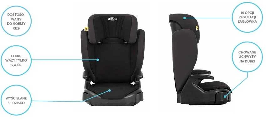 Automobilinė kėdutė Graco Junior Maxi R129, Juodos spalvos
