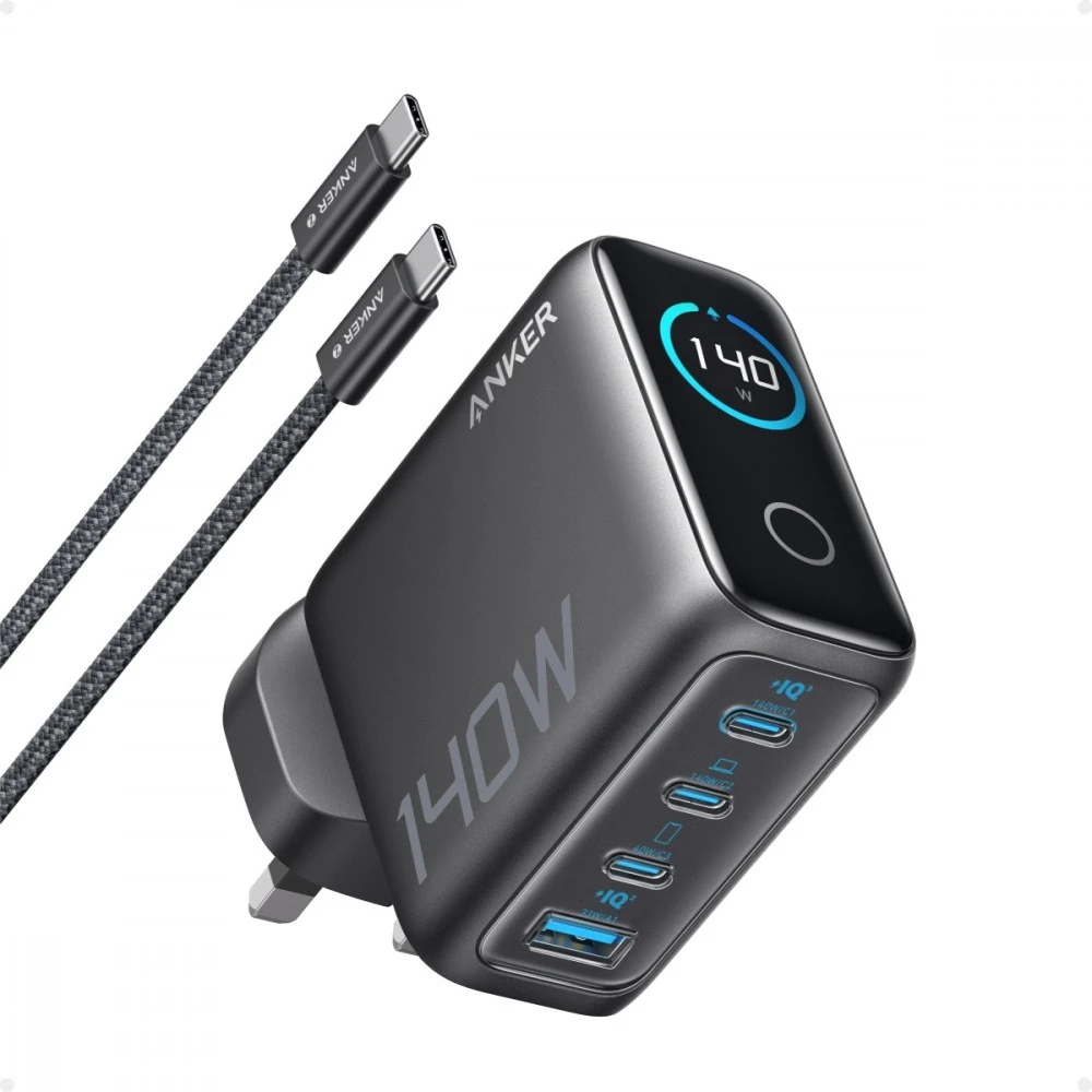 Port „Anker“ įkroviklis, 140 W, 4 prievadų, su USB-C laidu, tamsiai pilkas