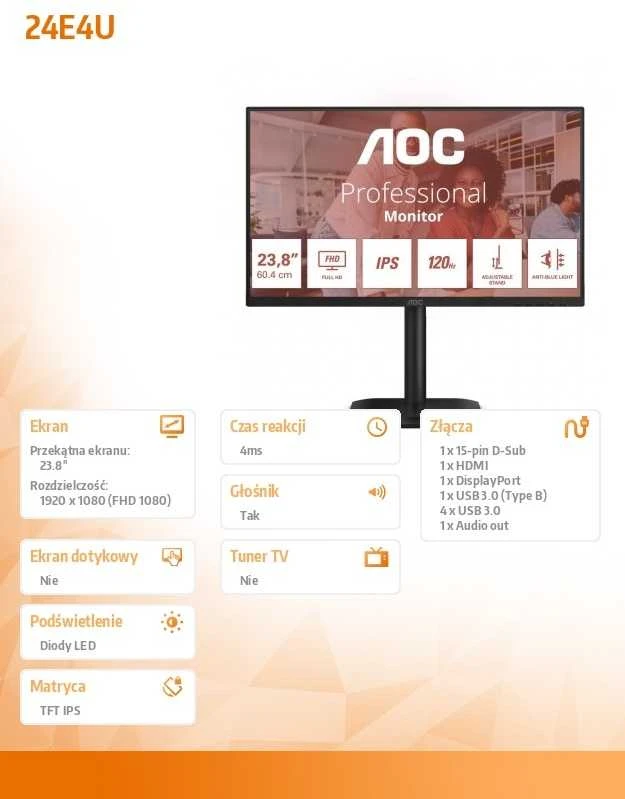 Monitorius AOC 24E4U - 120Hz | Full HD | IPS | 24''