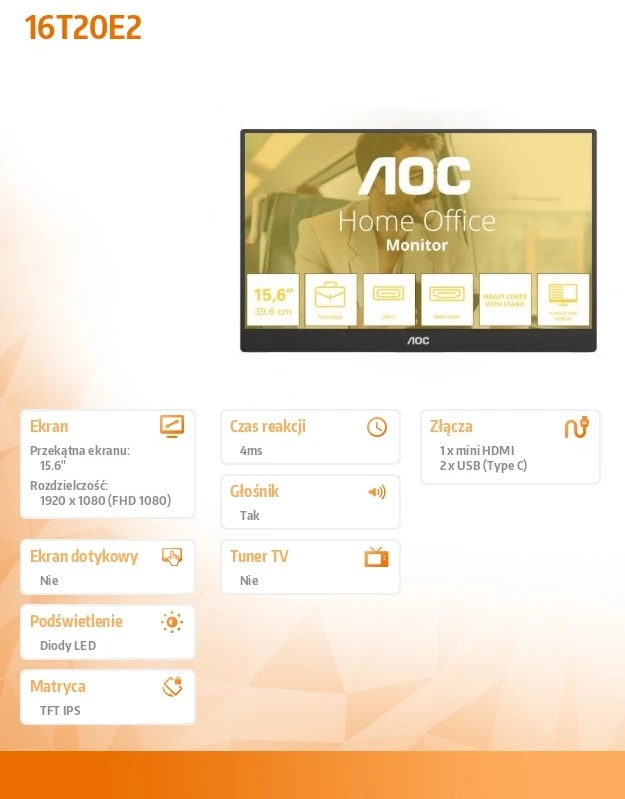 Monitorius AOC 16T20E2 – 15,6 colio | „Full HD“ | IPS