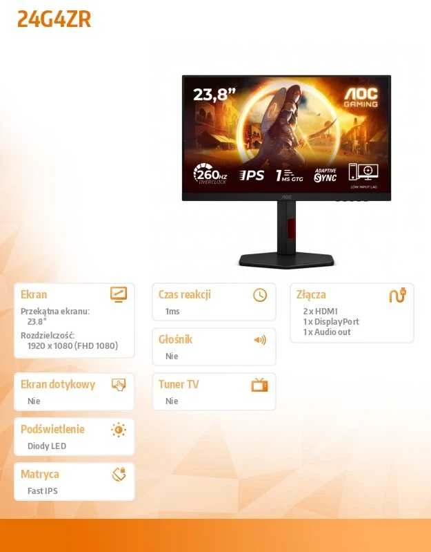 Monitorius AOC 24G4ZR - 260Hz OC | Full HD | Fast IPS | 23.8" | 0.3ms MPRT | HDR10