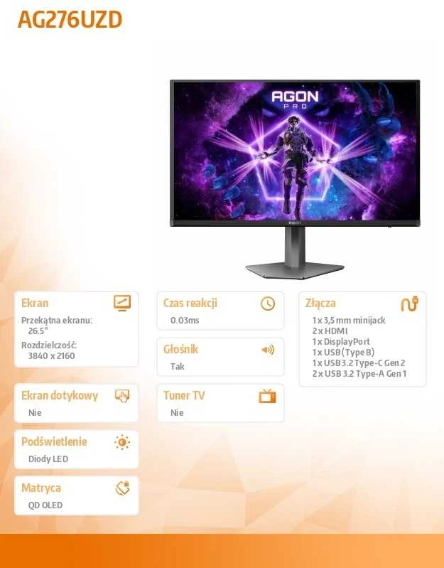 Monitorius AOC AG276UZD 27 colių QD - OLED UHD 240Hz 0.03ms HDMI2.1x2 DP2.1 USB3.2x2 Garsiakalbiai Pivot