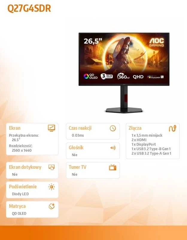 Monitorius AOC | Q27G4SDR | 27 " | QD-OLED | QHD | 16:9 | 360 Hz | 0.03 ms | 2560 x 1440 pikselių | 1000 cd/m² | HDMI jungtys quantity 2 | Juodas