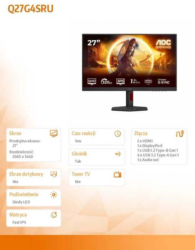 Monitorius AOC | Q27G4SRU | 27 " | Fast IPS | QHD | 16:9 | 320 Hz | 0.3 ms | 2560 x 1440 pikselių | 400 cd/m² | HDMI jungtys quantity 2 | Juodas
