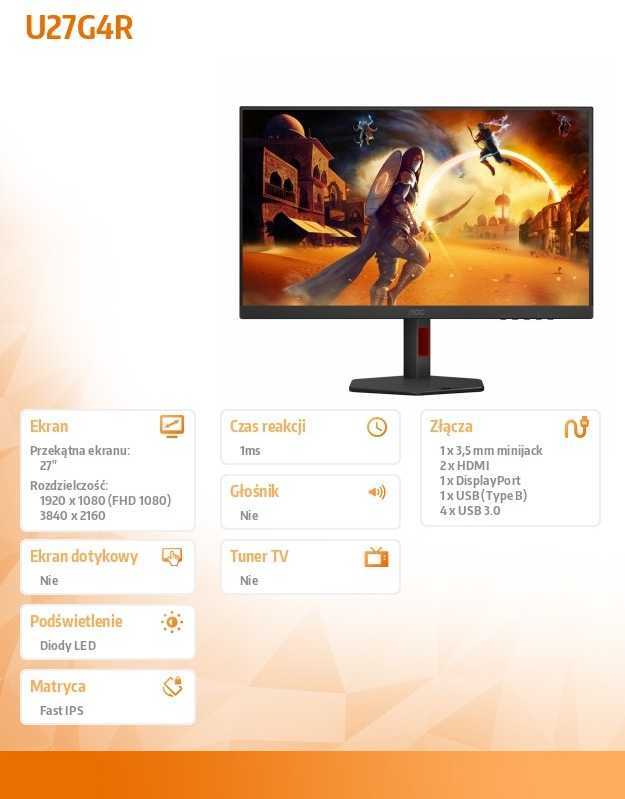 Žaidimų monitorius AOC U27G4R, 27" 4K UHD (3840x2160) Fast IPS Mini LED, 160Hz, 1ms, DisplayHDR 1000, PiP/PbP