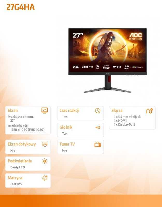 Žaidimų monitorius AOC 27G4HA | 27 colių/  Fast IPS | FHD | 16:9 | 200 Hz | 0.5 ms | 1920 x 1080 pikselių | 300 cd/m² | HDMI jungtys quantity 2