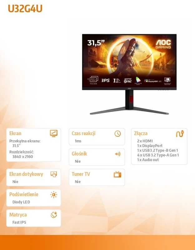 Monitorius AOC U32G4U -160Hz | 4K | Fast IPS | 31.5"