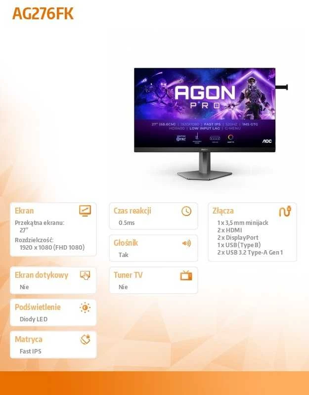 Monitorius AOC AGON PRO AG276FK - 520Hz | Full HD | 27'' | Fast IPS | 0,5ms