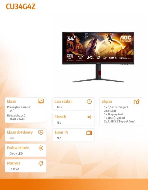 Žaidimų monitorius AOC CU34G4Z, 34" UWQHD (3440x1440) lenktas VA, 21:9, 180Hz, 1ms, FreeSync Premium, HDR