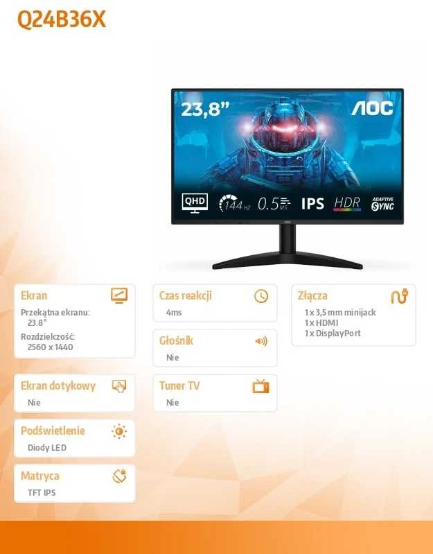 Monitorius AOC | Q24B36X | 24 " | IPS | QHD | 16:9 | 144 Hz | 4 ms | 2560 x 1440 pikselių | 300 cd/m² | HDMI jungtys quantity 1 | Juodas