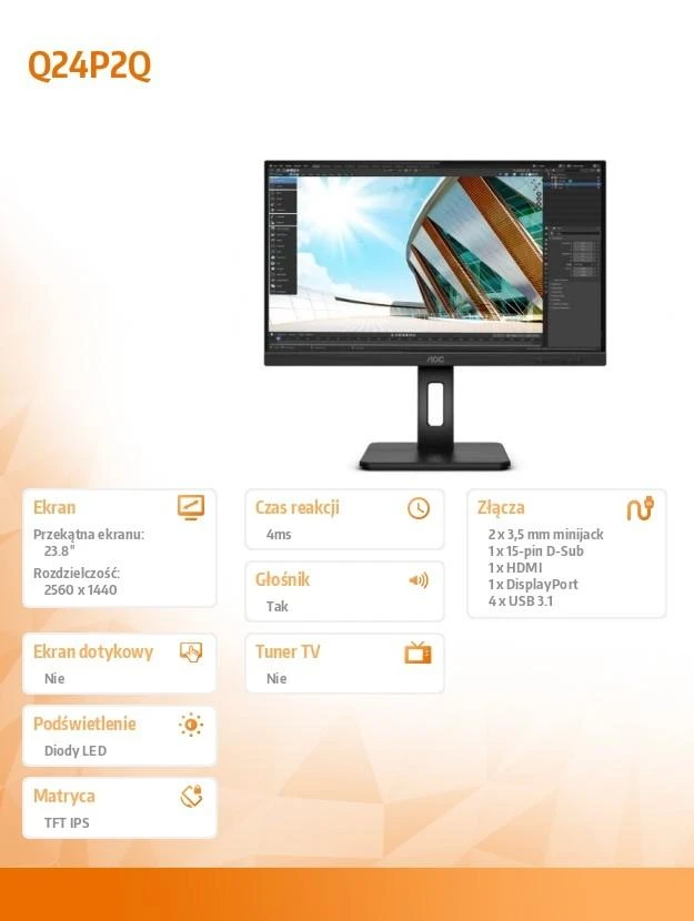 Monitorius AOC Q24P2Q LED ekranas 60,5 cm (23.8") 2560 x 1440 pikseliai Quad HD Juoda