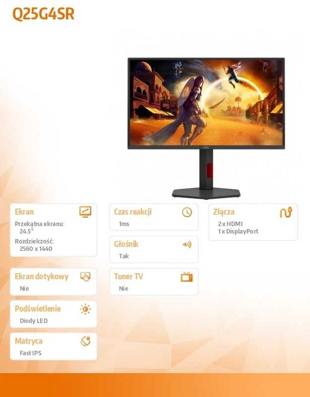 Monitorius AOC | Q25G4SR | 24.5 " | Fast IPS | QHD | 16:9 | 300 Hz | 1 ms | 2560 x 1440 pikselių | 400 cd/m² | HDMI jungtys quantity 2 | Juodas