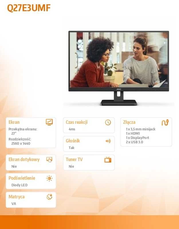 AOC | Monitorius | Q27E3UMF | 27 " | VA | QHD | 16:9 | 75 Hz | 2560 x 1440 | 300 cd/m² | HDMI jungtys quantity 1 | Juodas