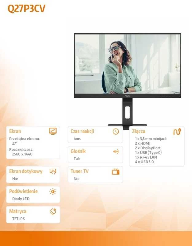 Monitorius AOC Q27P3CV 27inch VA TFT 2560x1440 HDMI DP USB Juodas