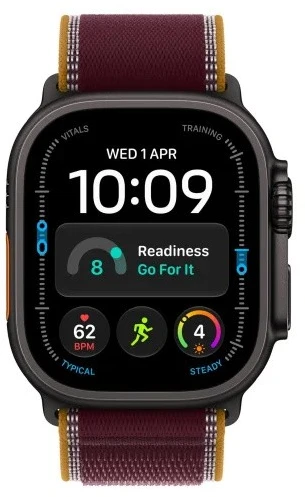 Apple Išmanusis laikrodis watch ultra 4 gps + cellular, koperta 49mm su tytanu (juodos spalvos), opaska trail w kolorze burgunda - dydis s/m