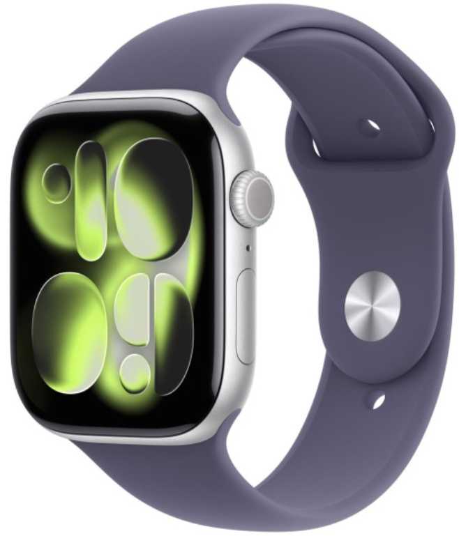 Išmanusis laikrodis „Apple Watch Series 11 GPS“ 46 mm sidabrinio aliuminio korpusas su violetiniu rūko spalvos sportiniu dirželiu – M/L