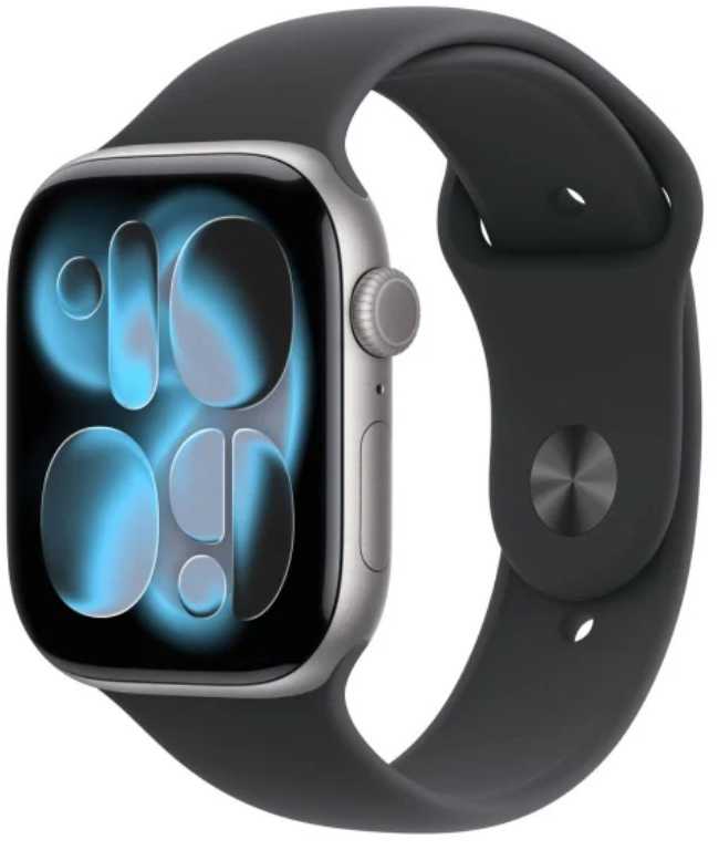 Išmanusis laikrodis Apple „Watch Series 11 GPS + Cellular“, 42 mm, kosminės pilkos spalvos aliuminio korpusas su juodu sportiniu dirželiu – S/M
