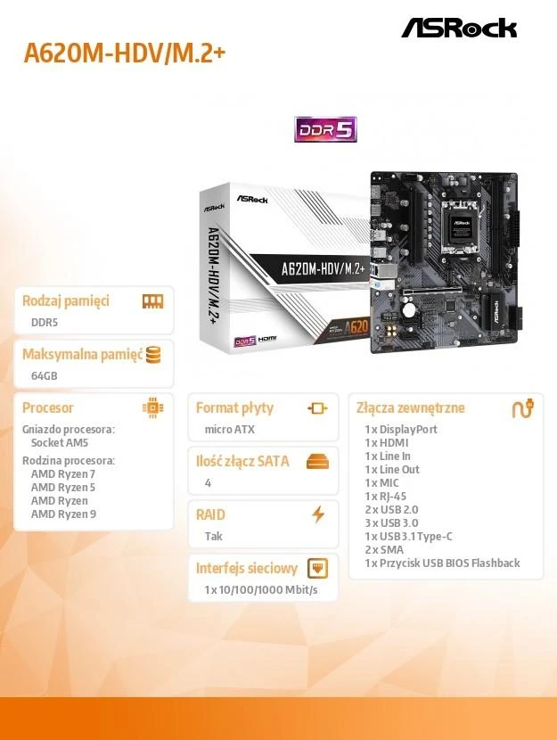 Pagrindinė plokštė ASRock A620M-HDV/M.2/AM5/Micro-ATX/AMD A620