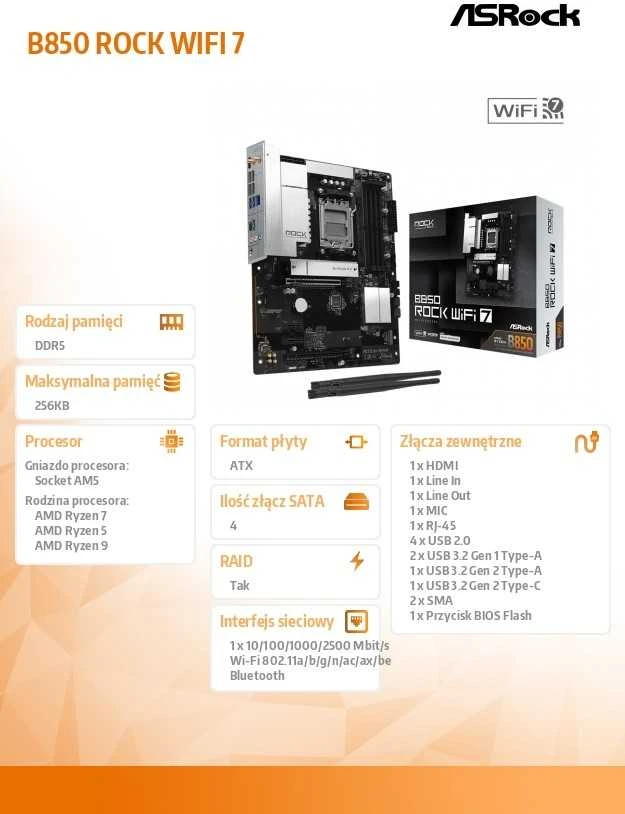 Asrock B850 Rock WiFi 7 AMD B850 Socket AM5 ATX