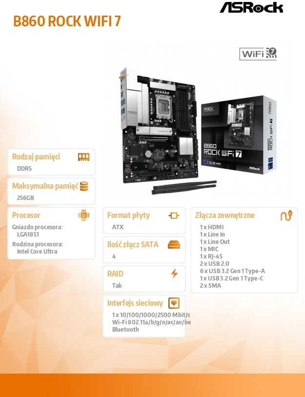 Asrock B860 Rock WiFi 7 Intel B860 LGA 1851 (Socket V1) ATX