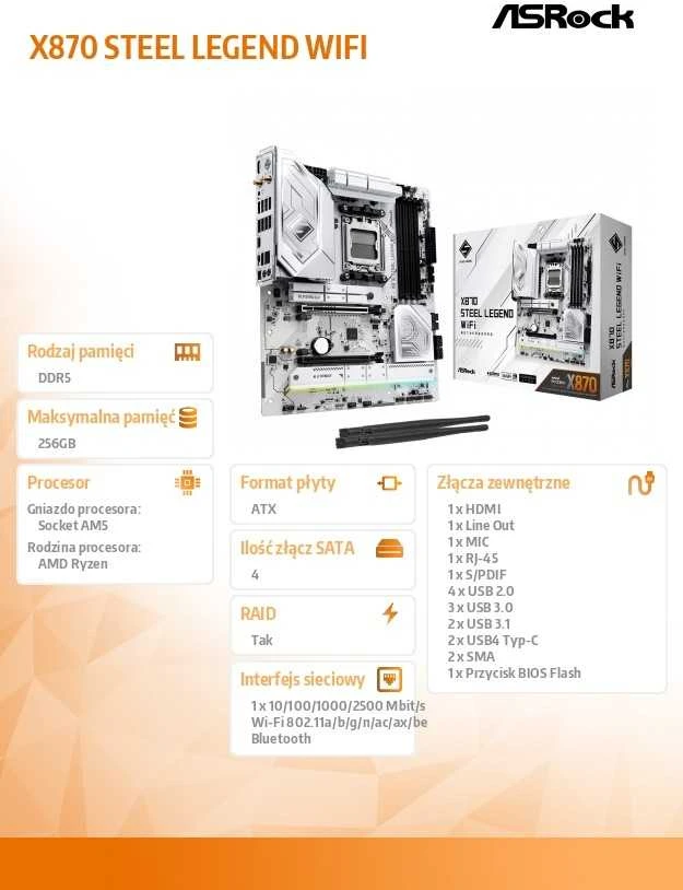 Pagrindinė plokštė ASROCK X870 STEEL LEGEND WIFI AM5 DDR5 ATX MB